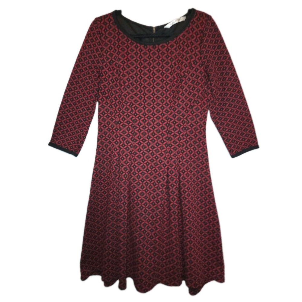 Max Studio Fit & Flare Jacquard Dress Women's XL 3/4 Sleeve Classic Red Black